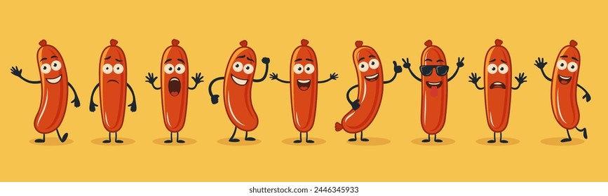 Cute and Funny Cartoon Sausage Characters in Different Poses and Emotions. Flat Cartoon Sausage Character Set. Vector Illustration