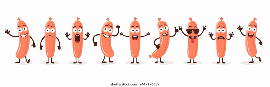 Cute and Funny Cartoon Sausage Characters in Different Poses and Emotions. Flat Cartoon Sausage Character Set. Vector Illustration