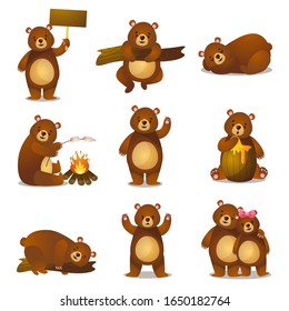 Cute funny cartoon set friendly bear in different activities