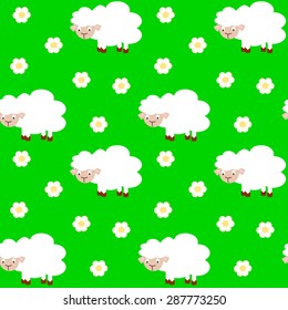 cute funny cartoon sheep in the green meadow seamless vector pattern