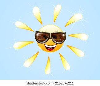 Cute funny cartoon shiny summer sun character with sun glasses.