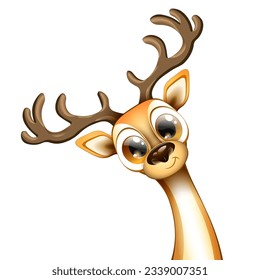 Cute funny cartoon smiling deer character closeup with horns