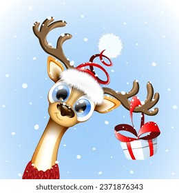 Cute funny cartoon smiling deer character in Santa hat closeup with gift box on horns under snowfall