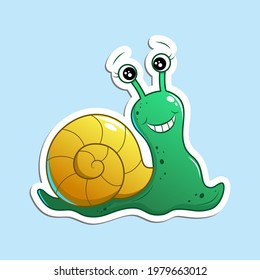 Cute and funny cartoon snail with green body and yellow shell, glad and happy, smiling wide, positive emotions. Vector illustration, sticker isolated on blue background