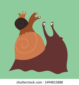 Cute funny  cartoon snails on top of each other. Characters of snail's family.  Print design for poster or t-shirt
