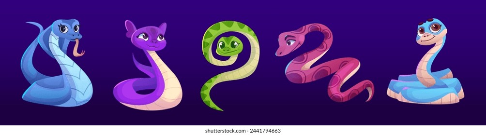 Cute and funny cartoon snake character vector. Happy python, cobra and viper reptile with long tail isolated set. Crawling tropical zoo animal baby kid image design. Wild zoology mascot collection