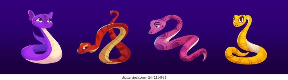 Lindo y divertido vector de personaje de serpiente de dibujos animados. Felices pitones, cobras y víboras de reptil con cola larga conjunto aislado. Diseño de imagen de bebé niño de zoológico tropical arrastrándose. Colección de mascotas de zoología salvaje