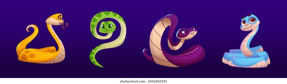 Cute and funny cartoon snake character vector. Happy python, cobra and viper reptile with long tail isolated set. Crawling tropical zoo animal baby kid image design. Wild zoology mascot collection