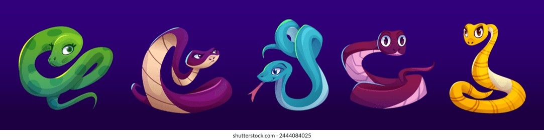 Cute and funny cartoon snake character vector. Happy python, cobra and viper reptile with long tail isolated set. Crawling tropical zoo animal baby kid image design. Wild zoology mascot collection