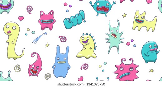 Cute funny cartoon space monsters. Seamless pattern. Endless texture.