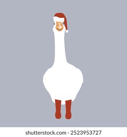 Cute funny cartoon standing goose in Santa Claus hat and red boots. Merry Christmas character vector illustration. Vector isolated illustration.