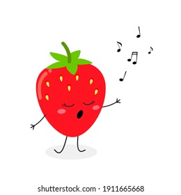 Cute funny cartoon strawberry character singing a song. Vector flat illustration isolated on white background 