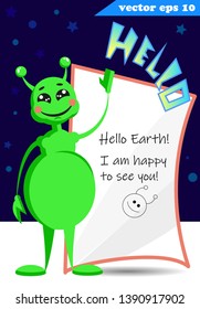 Cute funny cartoon style  green alien waving for us. Happy, friendly and smily face. Greeting banner with a place for your text. Vector illustration for your designs, sticker, poster, print, greeting.