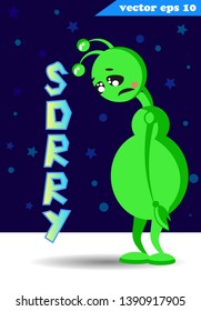 Cute funny cartoon style  green alien.Very sad, unhappy and melancholy face. Banner with a place for your text. Vector illustration for your designs - sticker, poster, print, card, banner, letter.