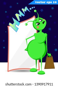 Cute funny cartoon style  green alien with little bag.Snoopy, grumpy and unhappy face. Banner with a place for your text. Vector illustration for your designs - sticker, poster, print, greeting card, 