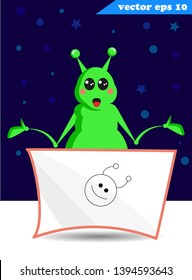 Cute funny cartoon style green surprised alien. Banner with a place for your text, sticker, poster, print, greeting card.