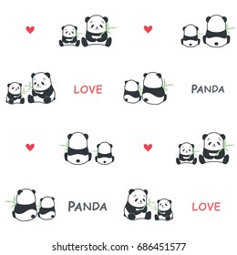 Cute funny cartoon style panda bear parent and child family with bamboo vector pattern illustration.