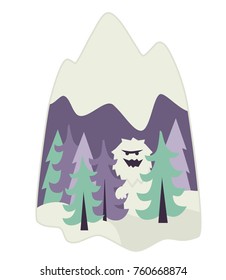 Cute and funny cartoon style yeti character hiding behind the trees in a winter forest in mountains - illustration for print, sticker or badge
