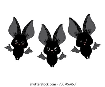 Cute and funny cartoon three bats. Character three happy Naughty, modest and Jolly bats. Vector illustration.