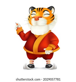 Cute and funny cartoon Tiger character in Santa's costume - symbol of the year by Chinese Eastern calendar. Vector illustration of a smiling mascot in Christmas clothes isolated on a white background