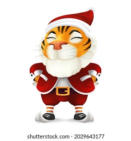 Cute and funny cartoon Tiger character in Santa's costume - symbol of the year by Chinese Eastern calendar. Vector illustration of a smiling mascot in Christmas clothes isolated on a white background