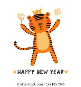 Cute funny cartoon tiger in crown, with sparklers, quote Happy New Year, isolated on white. Hand drawn vector illustration. Scandinavian style flat design. Concept for kids holiday card, print, poster