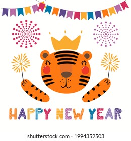 Cute funny cartoon tiger in crown, with sparklers, quote Happy New Year, isolated on white. Hand drawn vector illustration. Scandinavian style flat design. Concept for kids holiday card, print, poster