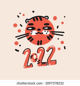 Cute funny cartoon tiger in naive kid drawn style. Greeting card 2022.