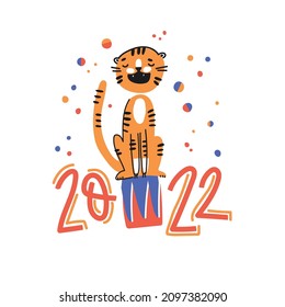 Cute funny cartoon tiger in naive kid drawn style. Greeting card 2022.