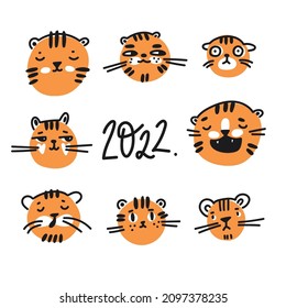 Cute funny cartoon tigers in naive kid drawn style. Collection of emoji. Tiny animal muzzles.