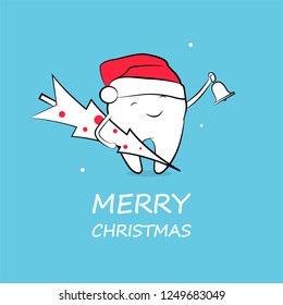 Cute funny cartoon tooth in santa hat with bell and christmas tree. Vector concept of New Year and Christmas greeting for dentistry. Winter holidays. 