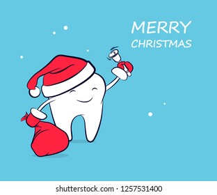 Cute funny cartoon tooth in a Santa Claus hat in red mittens with a bag of gifts and a bell. Vector concept of New Year and Christmas greeting for the dental clinic with space for text.