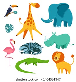 Cute and funny cartoon tropical animals set. Collection with toucan, crocodile, elephant, rhinoceros, lion, zebra, flamingo and giraffe. Flat vector illustration.