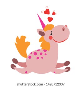 Cute funny cartoon unicorn with heart signs on top of his head. Dream and love concept. Vector illustration fpr present card designs, prints, poster.