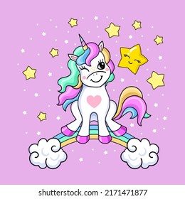 Cute funny cartoon unicorn on a rainbow with stars. Children's illustration. For the design of prints, posters, postcards, neklek and so on. Vector