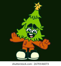 Uma ilustração de vetor de desenho animado bonito e engraçado de um personagem de árvore de Natal com uma estrela em cima, usando sapatos, e sorrindo com uma expressão feliz. Perfeito para projetos de férias.