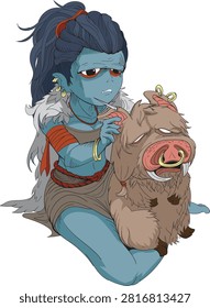 Cute and funny cartoon vector illustration of a female blue orc character carefully piercing the ear of her cute, fluffy wild boar pet. High-quality isolated vector clip art on a transparent background, perfect for fantasy character designs, stickers, children's books, gaming graphics, t-shirt prints, and creative projects