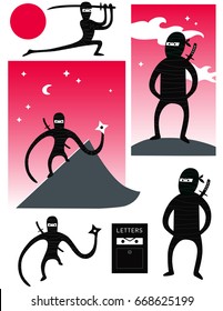 Cute funny cartoon vector ninja set