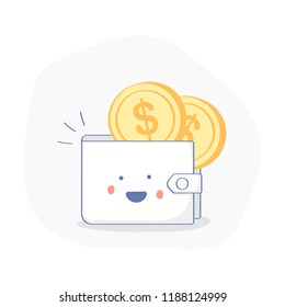 Cute funny cartoon wallet with dollars, several gold dollar coins inside. Flat outline currency concept, finance, banking, savings, digital currency account icon. Outline vector illustration