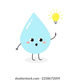 Una graciosa caricatura de agua gota tiene una idea con un símbolo de bombilla. Ilustración plana del vector aislada en fondo blanco