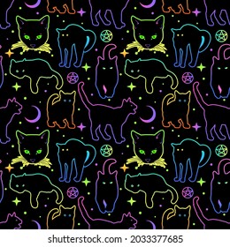 Cute funny cartoon witchcraft black cats. Bright seamless pattern. Halloween neon cat. Bright print for textile printing and more.