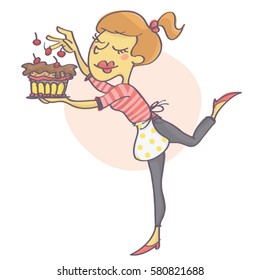 Cute, funny cartoon of woman decorating chocolate cake with cherries.