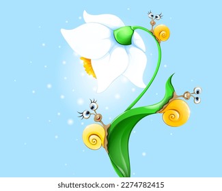 Cute funny cartoon yellow snails family on the flower.
