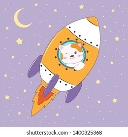 Cute funny cat astronaut  flying on a rocket. Space adventure. Element for print design, greeting card, poster and  t-shirt.