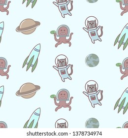Cute funny cat astronaut seamless pattern