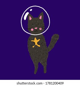 Cute funny cat astronaut in space. Print for kids t-shirts and clothes. Vector illustration.