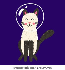 Cute funny cat astronaut in space. Print for kids t-shirts and clothes. Vector illustration.