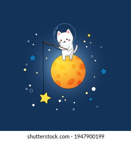 Cute and funny cat astronaut in a spacesuit on the moon fishes for the stars. Kawaii vector flat kitten stands alone on the planet among a cluster of stars and galaxies. Vector illustration for kids