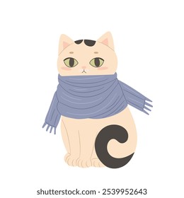 Cute funny cat in big scarf. Cartoon animal vector illustration