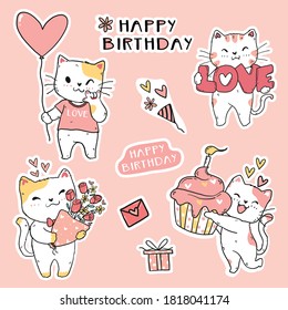 cute funny cat birthday set element clip art doodle vector for sticker, journal, printable and greeting card